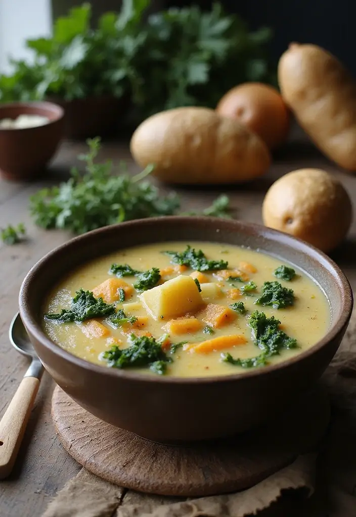 10 Hearty Plant-Based Vegetarian Soup Recipes for Meal Prep - 9. Rustic Potato and Kale Soup