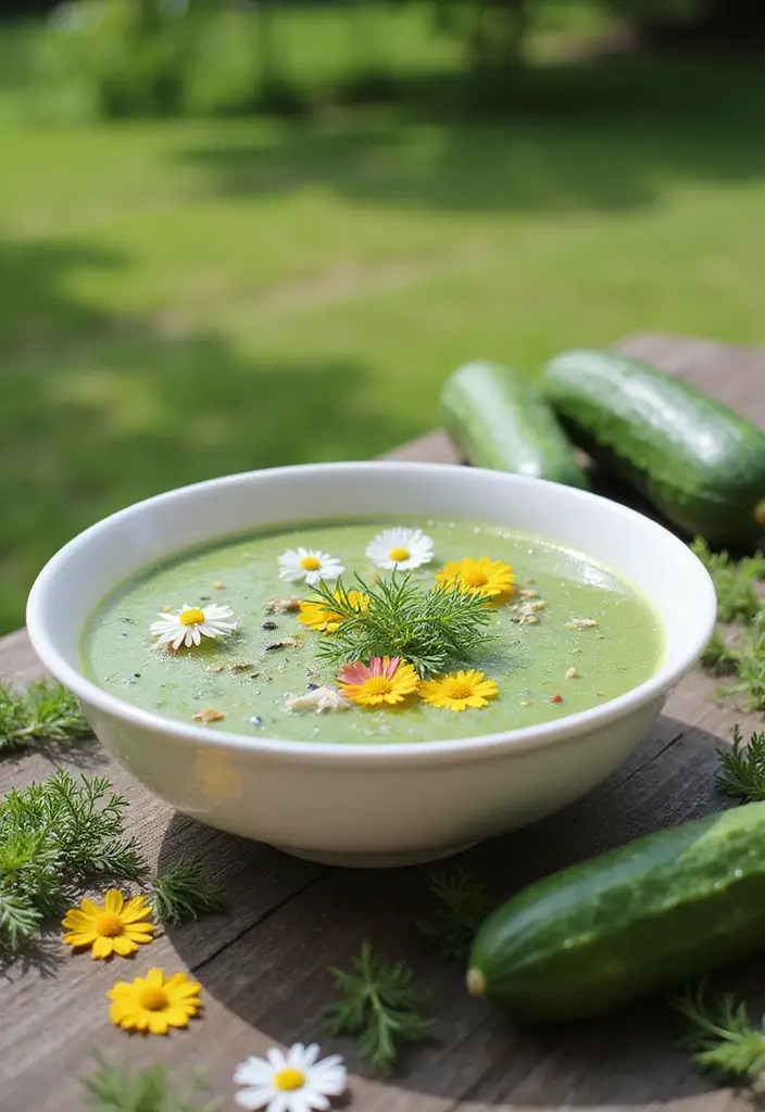 Bright Spring Soup Recipes: Fresh Herb and Veggie Blends - 10. Cucumber and Dill Soup with Edible Flowers
