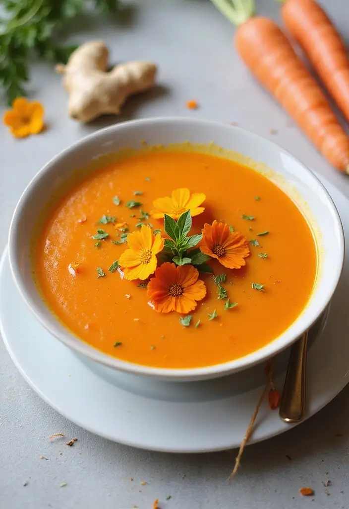 Bright Spring Soup Recipes: Fresh Herb and Veggie Blends - 2. Carrot Ginger Soup with Nasturtium Petals