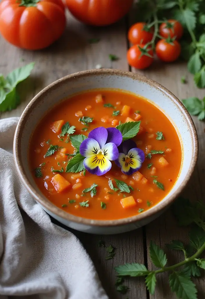 Bright Spring Soup Recipes: Fresh Herb and Veggie Blends - 5. Tomato and Herb Soup with Violas
