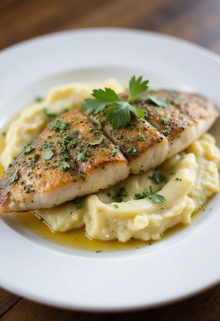 Delicate Sea Bass Recipes: Pan-Seared Seafood Delights - 2. Herb-Crusted Sea Bass with Garlic Mashed Potatoes