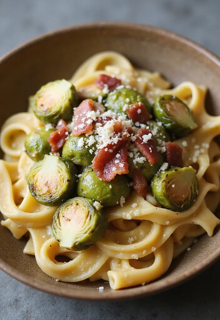 Smoky Brussels Sprout Recipes with Bacon: Veggie Side Upgrades - 7. Creamy Brussels Sprout and Bacon Pasta