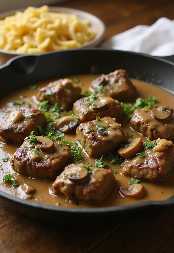 Tender Cubed Steak Recipes: Country-Fried Classics - 2. Skillet Cubed Steak with Mushroom Gravy
