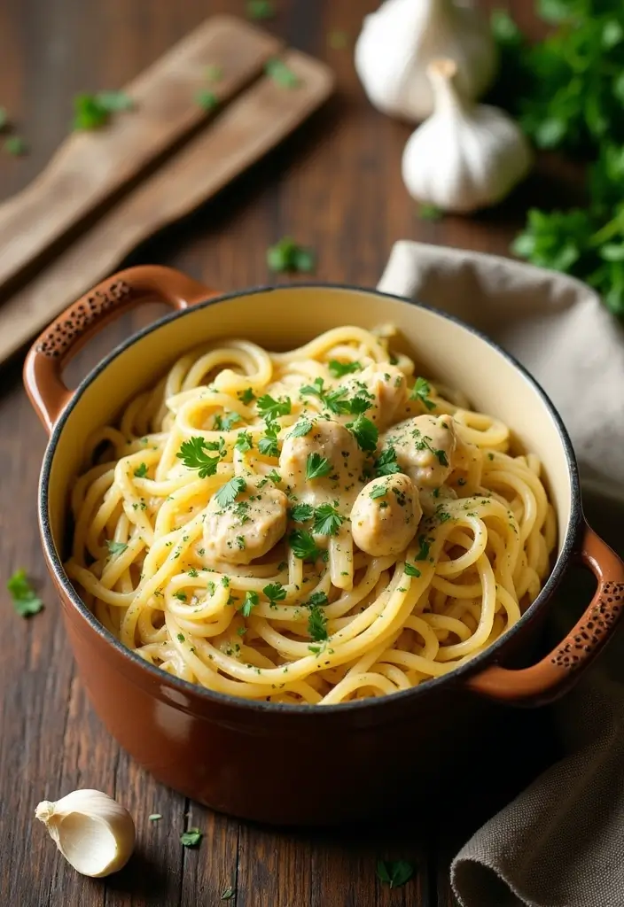 Twisty Chicken Pasta Recipes: Hearty Italian-Inspired Dinners - 3. One-Pot Creamy Garlic Chicken Pasta