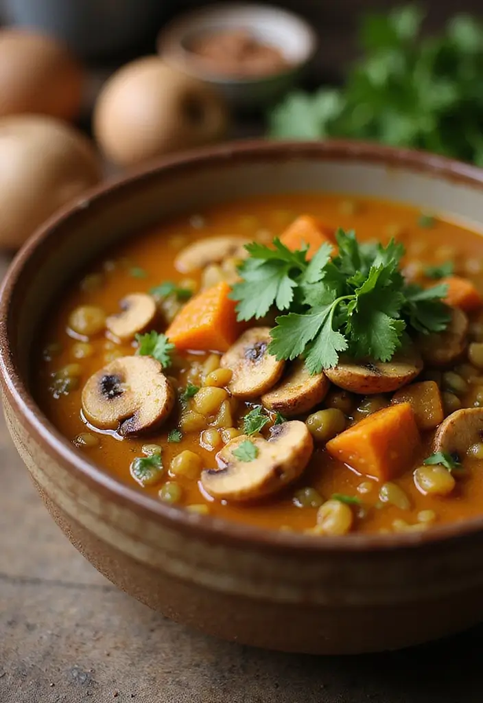 Velvety Cream of Mushroom Soup Recipes: Cozy and Earthy Flavors - 10. Curried Lentil Mushroom Soup