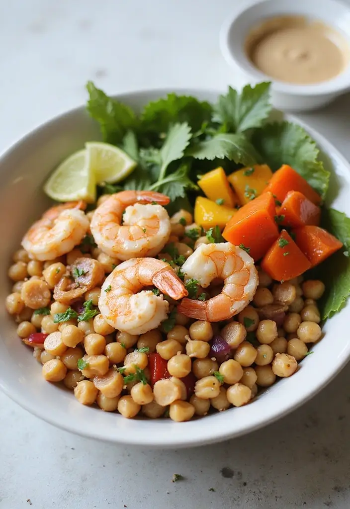 Wholesome Healthy Shrimp Recipes: Low-Cal Seafood Options - 10. Mediterranean Shrimp and Chickpea Bowl