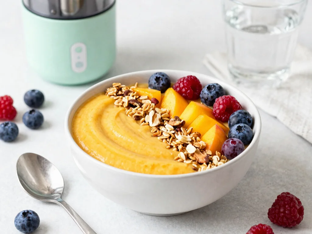 16 Fresh Juice Portable Blender Recipes On-the-Go - 15. Peach Mango Smoothie Bowl 1