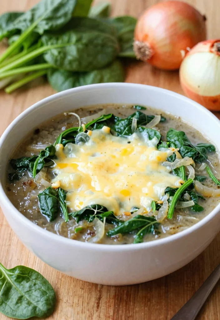 16 Rich & Comforting Vegetarian French Onion Soup Recipes - 13. French Onion Soup with Spinach 1