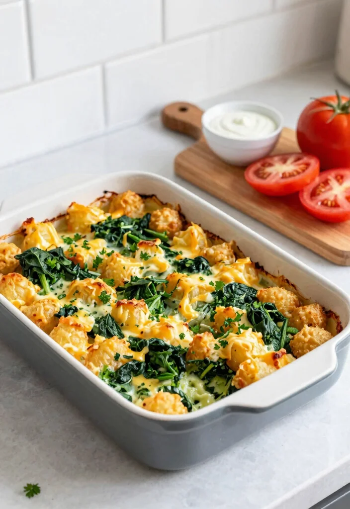 16 Vegetarian Tater Tot Casserole Recipes for Easy Dinners - 2. Spinach and Cheese Tater Tot Casserole 1