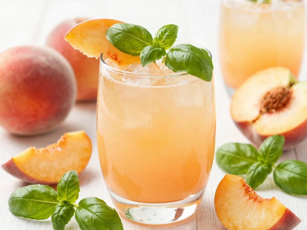 17 Juice Recipes & Their Benefits (Healthy Guide) - 15. Peach Basil Infusion 1
