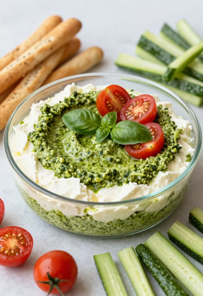 18 Delicious Vegetarian 7-Layer Dip Ideas for Parties - 17. Pesto and Ricotta Dip 1