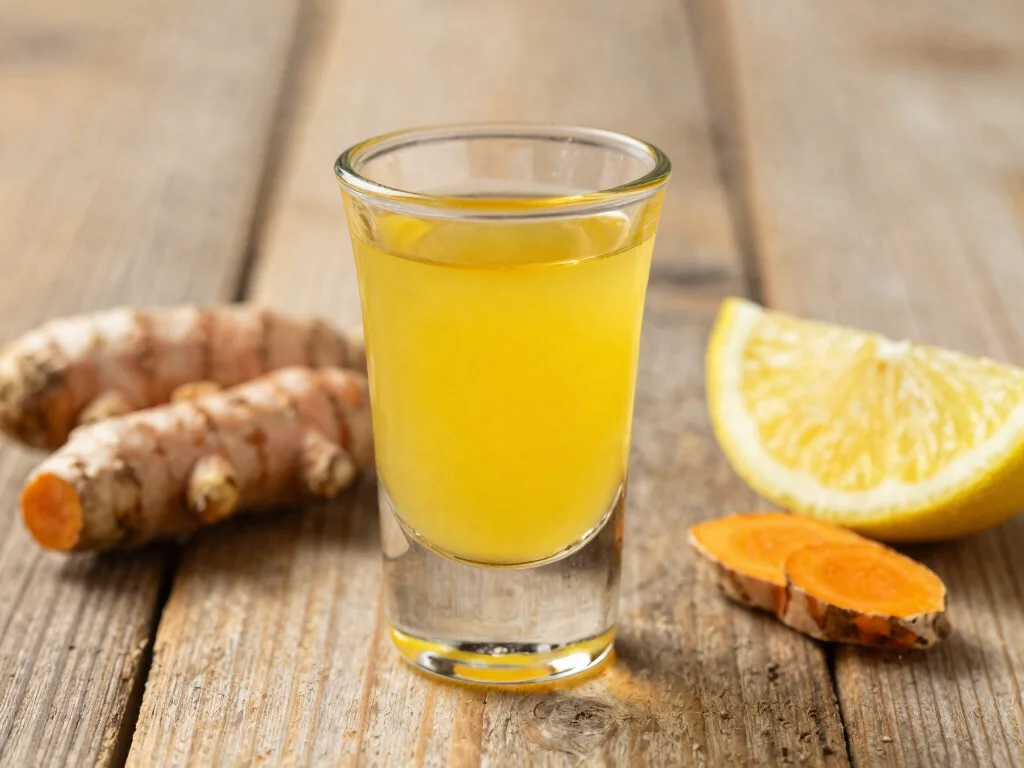 18 Ginger Juice Recipes for Immunity - 11. Ginger Lemon Turmeric Shot 1