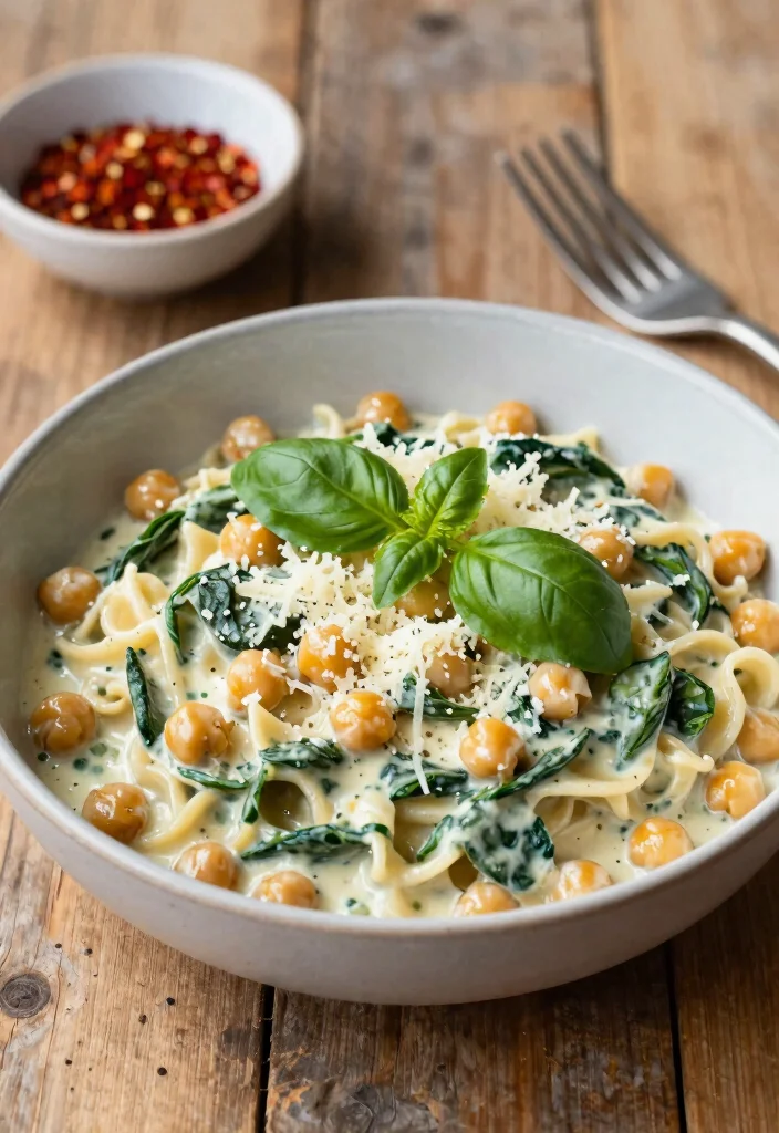 18 High-Protein Vegetarian Recipes That Aren’t Boring - 2. Creamy Chickpea and Spinach Pasta 1