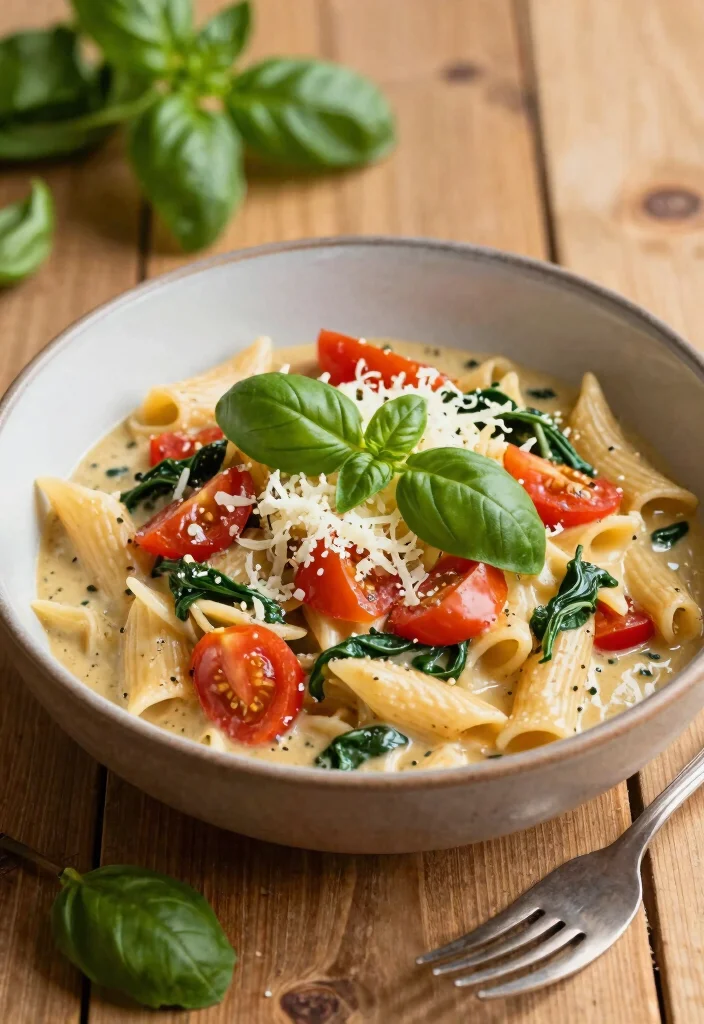 18 One-Pot Vegetarian Meals with Minimal Cleanup - 8. Creamy Tomato and Spinach Pasta 1