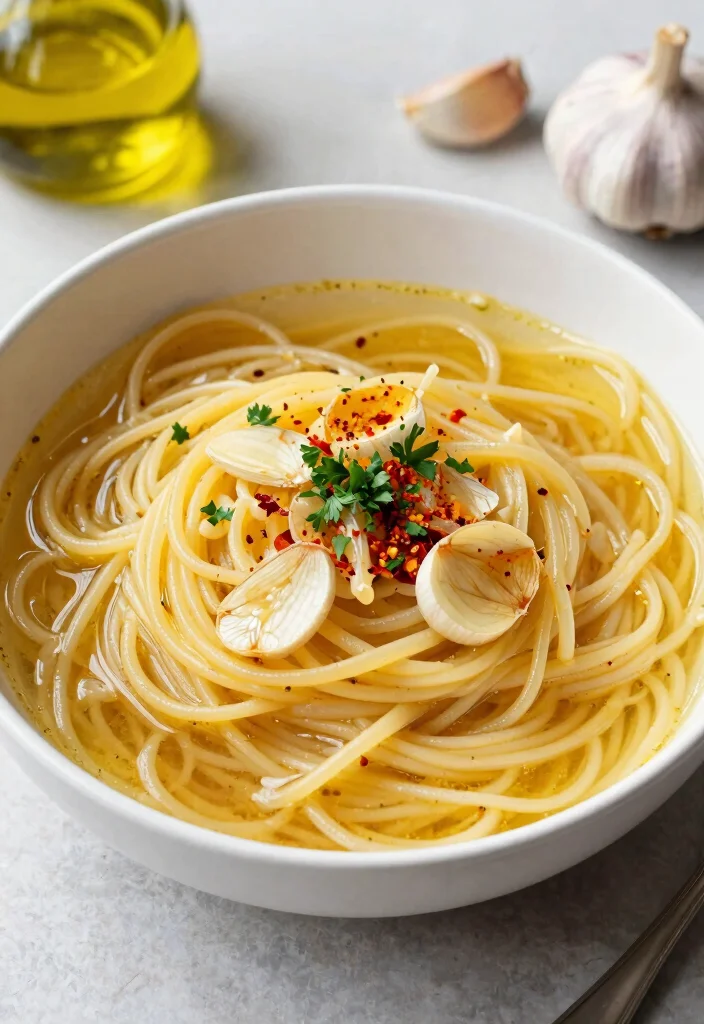 19 Vegetarian Noodle Soup Recipes for Quick Comfort - 12. Spaghetti Aglio e Olio Noodle Soup 1
