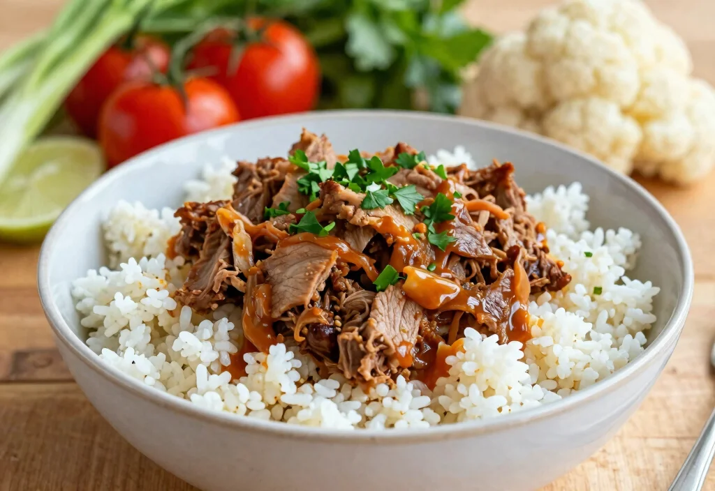 18 Whole30 Pulled Pork Recipes from Slow Cooker - 17. Pulled Pork and Cauliflower Rice Bowl 1