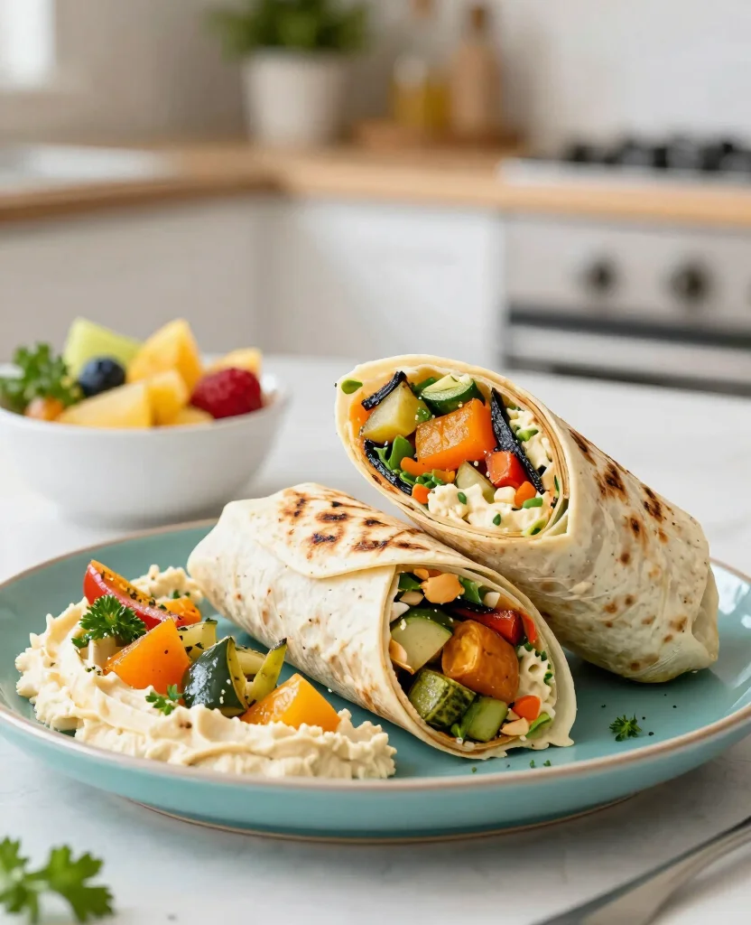 20 Delicious Vegetarian Dinner Ideas for the Whole Family - 12. Roasted Vegetable and Hummus Wrap 1