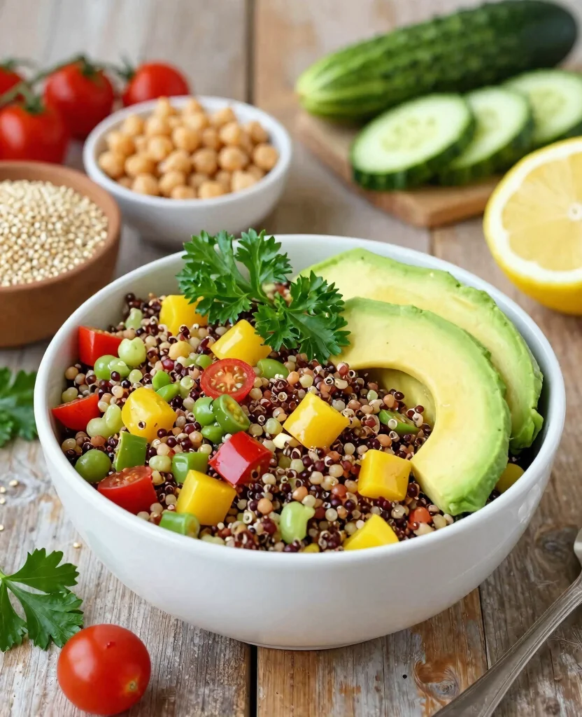 7 Simple Vegetarian Mediterranean Diet Plan Ideas for Longevity - 1. Rainbow Quinoa Salad with Chickpeas 1