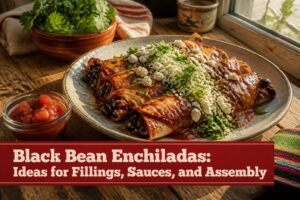 Baking dish with black bean enchiladas and melted cheese on top.
