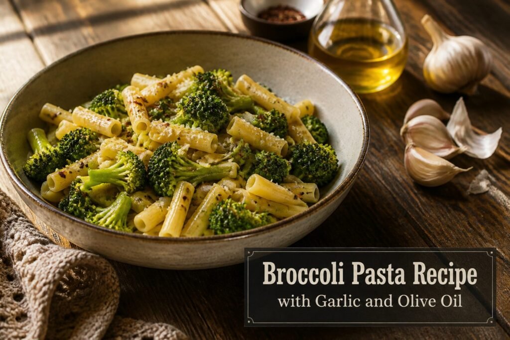 Bowl of broccoli pasta with green florets and grated cheese.