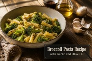 Bowl of broccoli pasta with green florets and grated cheese.