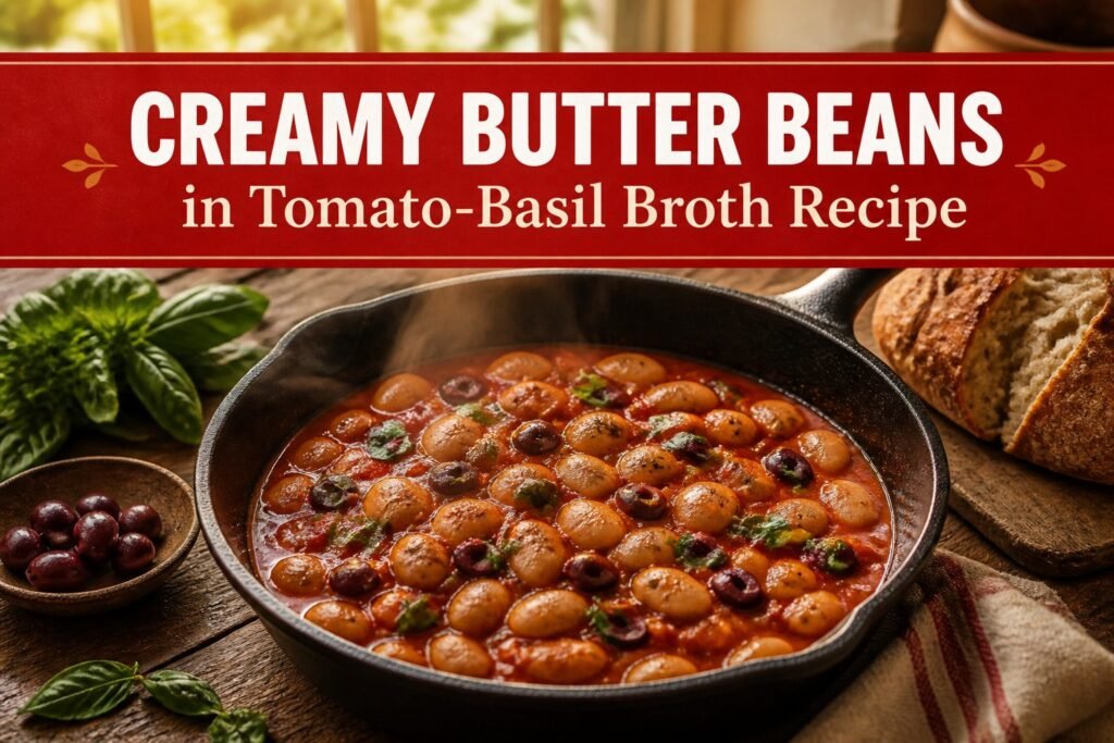 A dish of butter beans in tomato-basil broth served in a bowl.