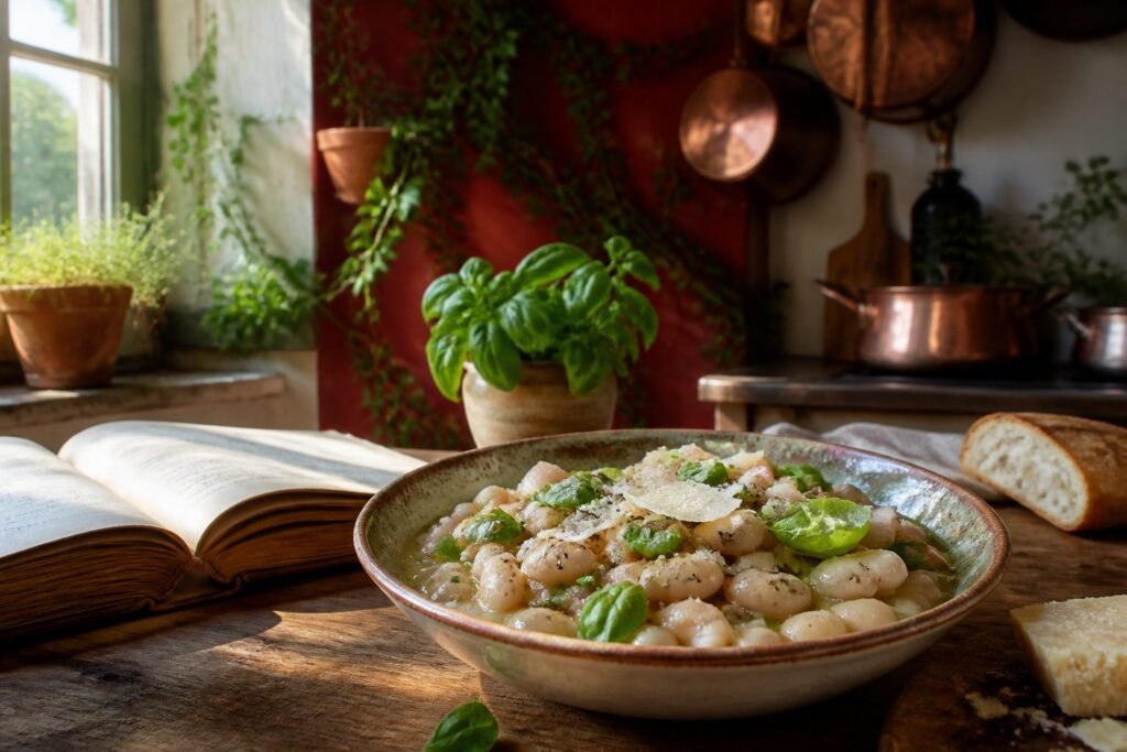 An assortment of cannellini bean recipes on a rustic wooden table.