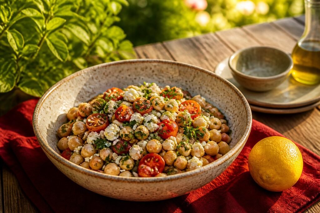 A colorful chickpea salad in a glass bowl on a wooden countertop.