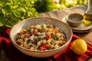A colorful chickpea salad in a glass bowl on a wooden countertop.