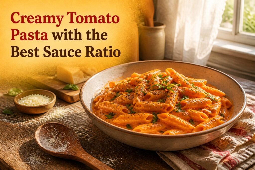 A bowl of creamy tomato pasta garnished with herbs.