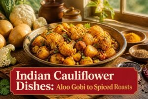 Various Indian cauliflower dishes displayed on a wooden table.