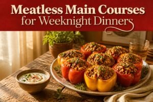An array of various meatless main courses on a table.
