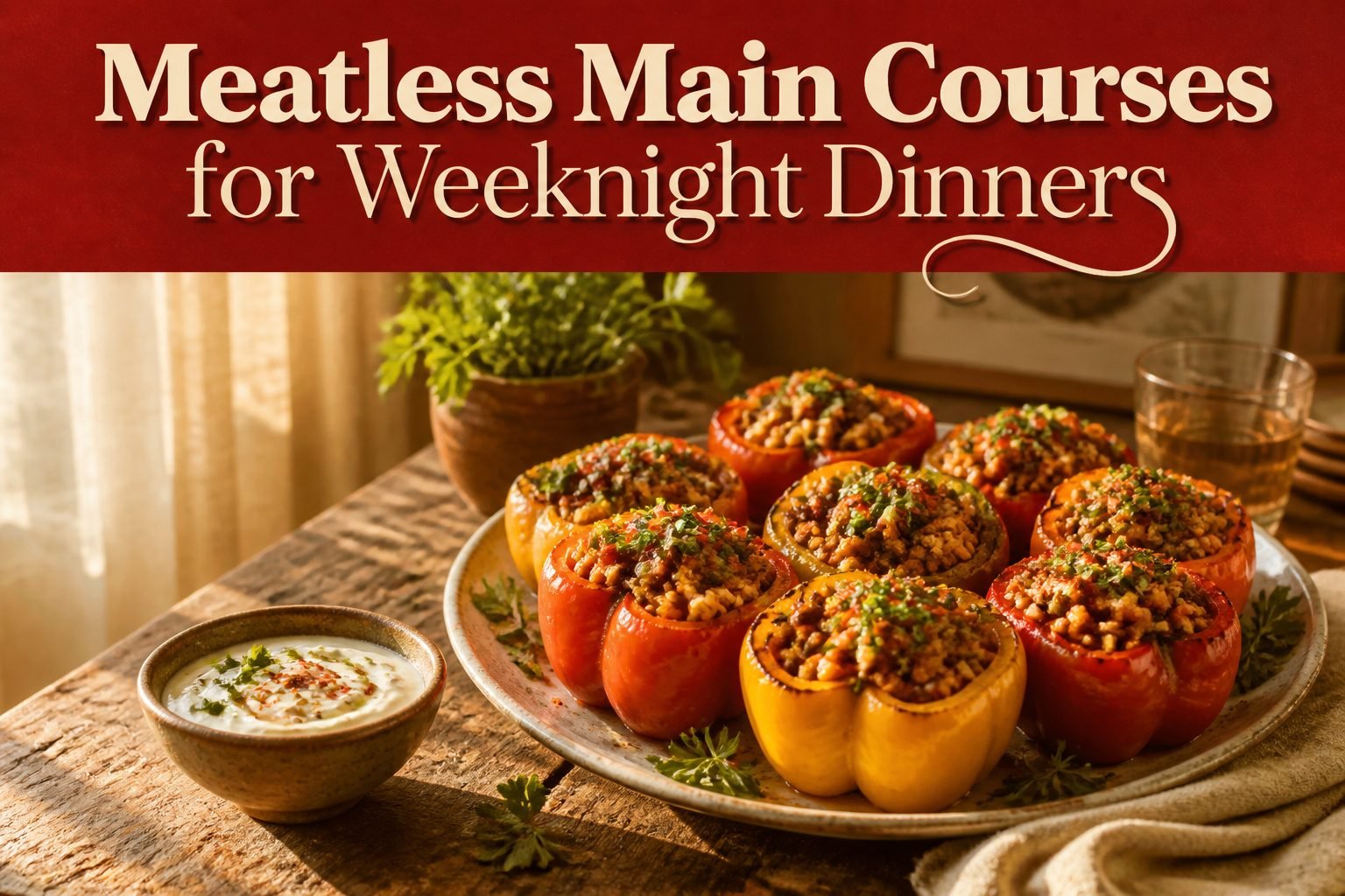 An array of various meatless main courses on a table.