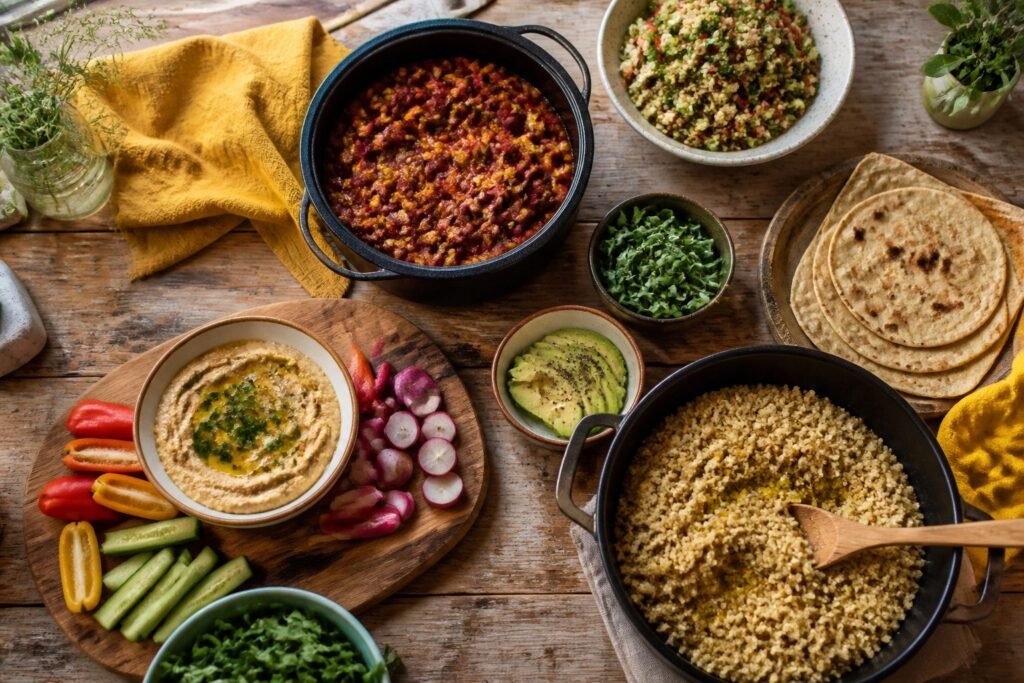 An array of plant-based dishes displayed on a table.