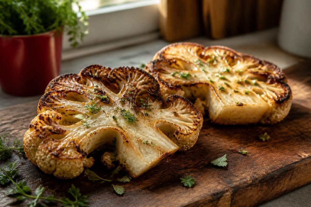 Roasted cauliflower steaks garnished with herbs and olive oil on a plate.
