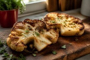 Roasted cauliflower steaks garnished with herbs and olive oil on a plate.