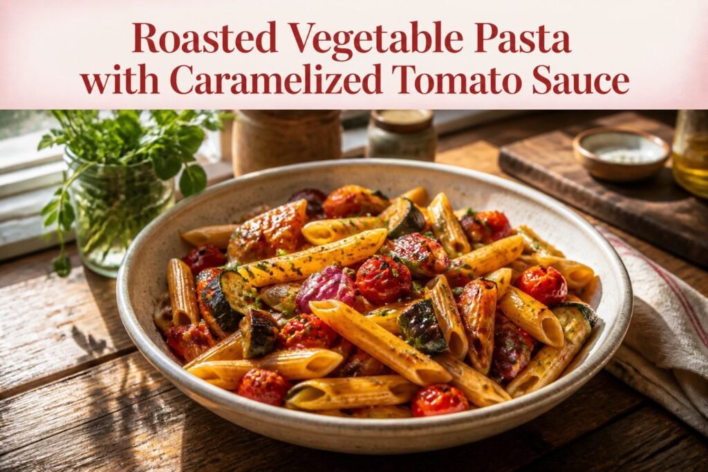 A bowl of roasted vegetable pasta topped with Parmesan and fresh basil.