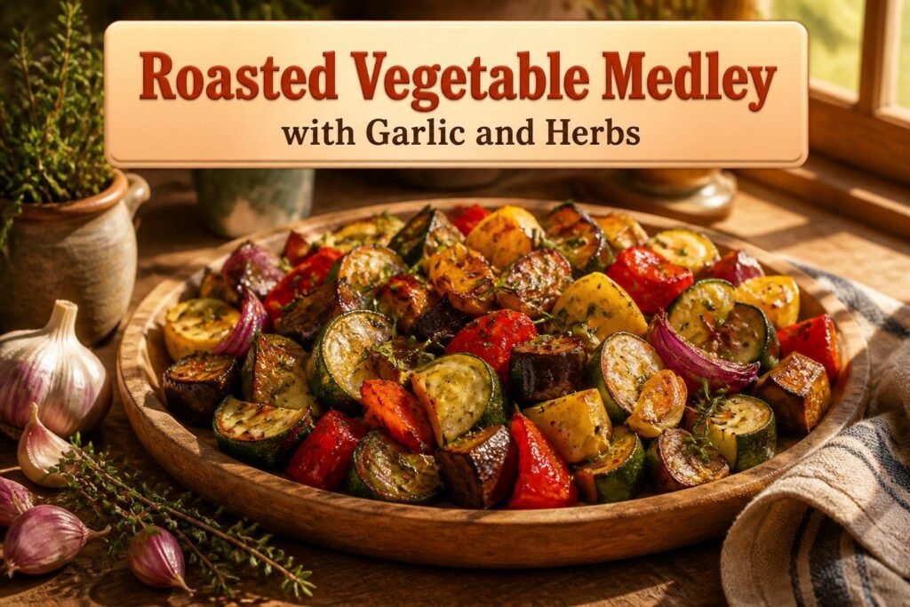 A vibrant assortment of roasted vegetables with garlic and herbs.