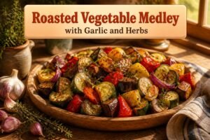 A vibrant assortment of roasted vegetables with garlic and herbs.