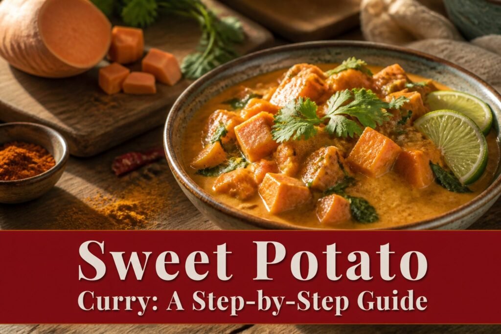A pot of sweet potato curry on a stovetop, with spices on a wooden countertop.