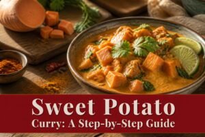 A pot of sweet potato curry on a stovetop, with spices on a wooden countertop.