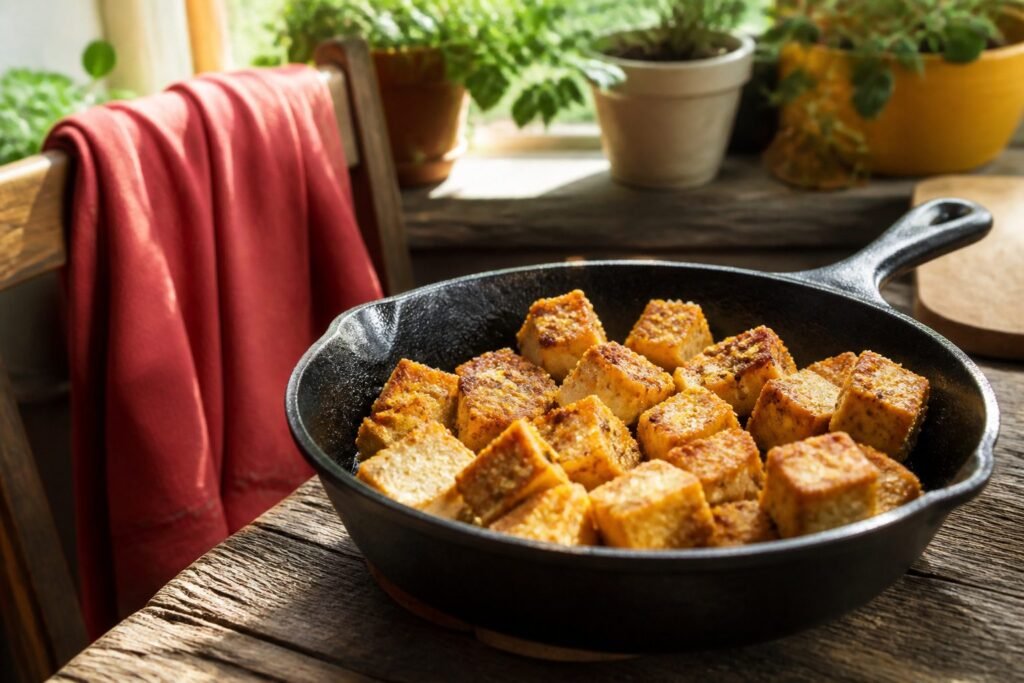 Various crispy tofu dishes arranged on a table.