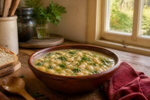 A steaming bowl of Tuscan white bean soup with herbs and olive oil.