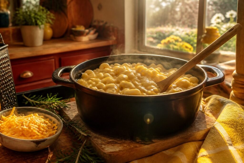 A bowl of vegan mac and cheese topped with breadcrumbs.