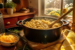 A bowl of vegan mac and cheese topped with breadcrumbs.
