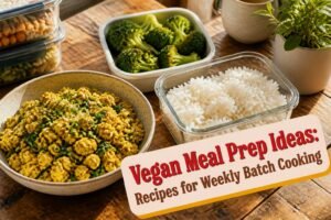 A variety of vegan meal prep dishes displayed on a table.