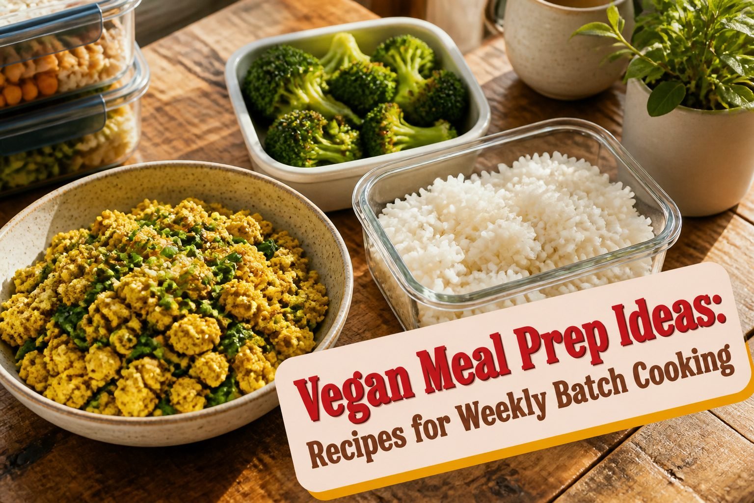 A variety of vegan meal prep dishes displayed on a table.