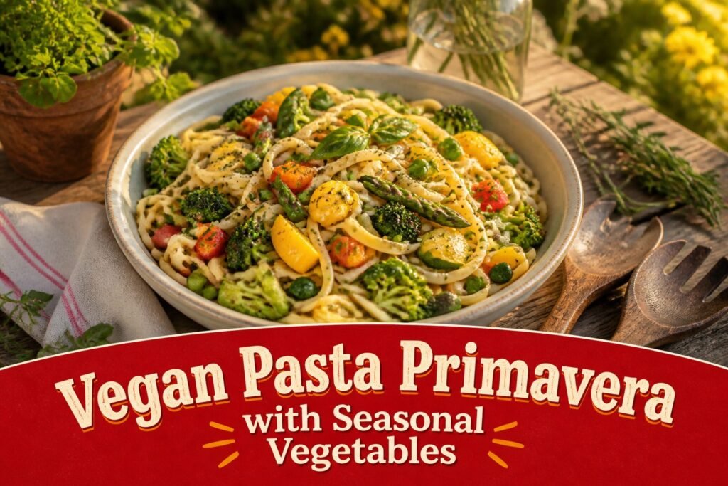 A bowl of vegan pasta primavera with colorful vegetables on top.