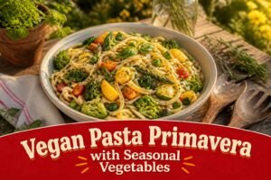 A bowl of vegan pasta primavera with colorful vegetables on top.