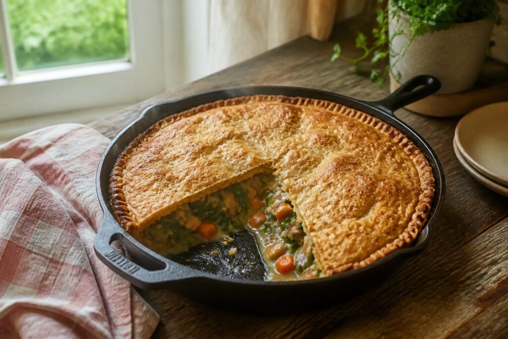 Vegan pot pie with a flaky crust and visible vegetable filling.